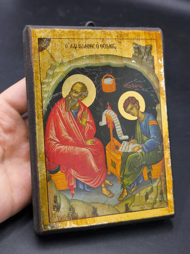 Vintage Greek Orthodox Icon St. John Theologian & Prochorus Wood Mt Athos 1972