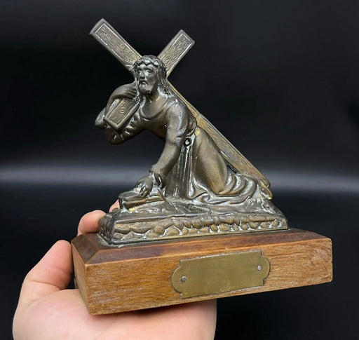 Vintage Bronze Tone Jesus Carrying Cross Figurine Sculpture Made in Belgium 6.7" 38oz