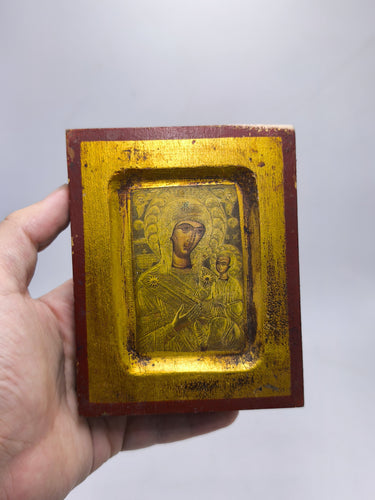 Handcrafted Vintage Wooden Orthodox Icon, Panagia Prousiotissa Mother of God, Gold Leaf Religious Wall Art, Sacred Gift