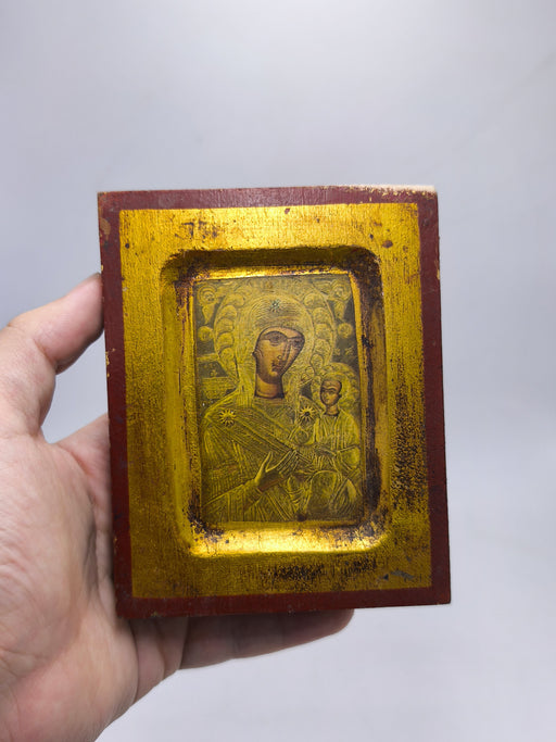 Handcrafted Vintage Wooden Orthodox Icon, Panagia Prousiotissa Mother of God, Gold Leaf Religious Wall Art, Sacred Gift
