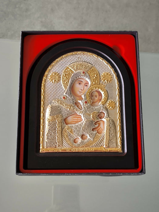 Icon Virgin Mary Bethlehem 7.48 "Jesus Silver 950° Byzantine Wood Handicraft