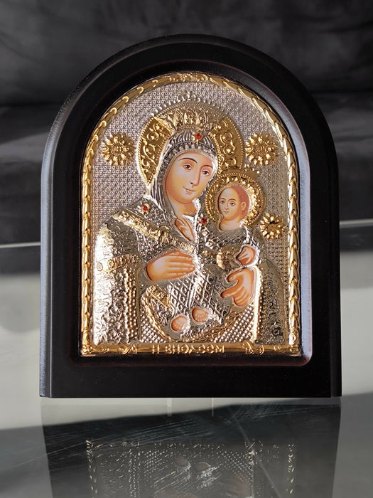 Icon Virgin Mary Bethlehem 4.33"Jesus Silver 950° Byzantine Wood Handicraft
