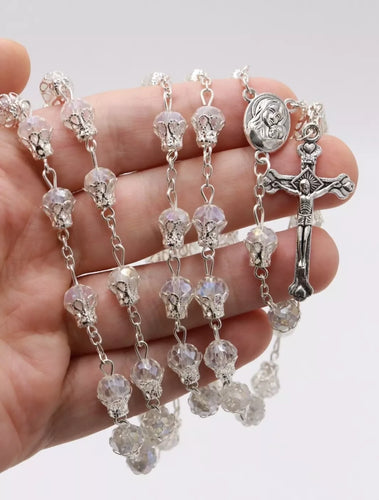 Rosary Jerusalem White silver Necklace in box Holy Land Religion Christianity