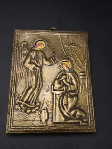 Antique Annunciation Icon Embossed Brass Relief Plaque Virgin Mary Gabriel