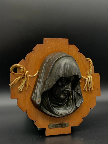 Vintage Scherpenheuvel Montaigu Religious Wall Plaque Bust Wood Metal 8.5"