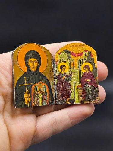 Miniature Vintage Greek Orthodox Pocket Diptych Icon Travel Shrine Annunciation Folding