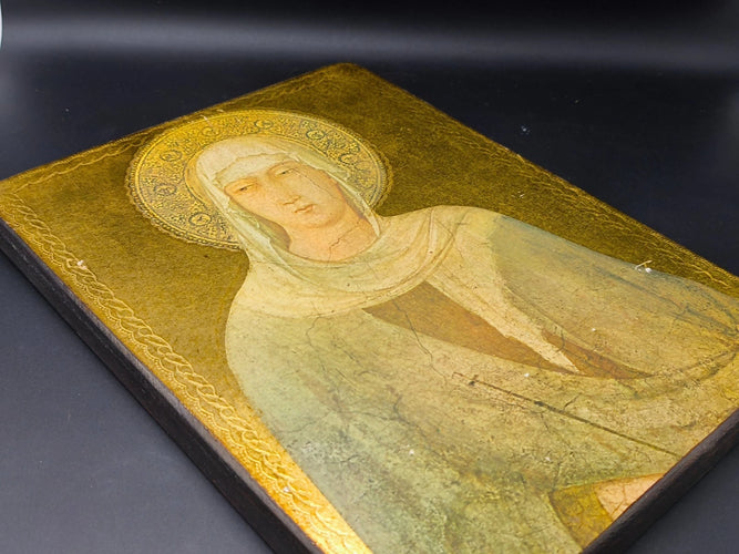 Vintage Virgin Mary Wood Icon Plaque Wall Art Byzantine Madonna Gold Gilt