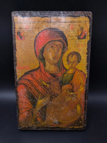 Antique Russian Orthodox Icon Mother of God Hodegetria Print on Wood Panel