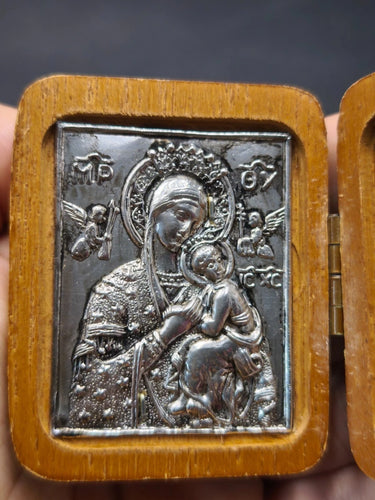 Greek Orthodox Vintage Pocket Diptych Icon Virgin Mary Annunciation Carved Wood Tinos