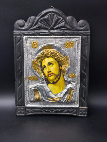 Vintage Greek Byzantine Holy Icon Jesus Christ Crown of Thorns Silver 925 & 24k Gold