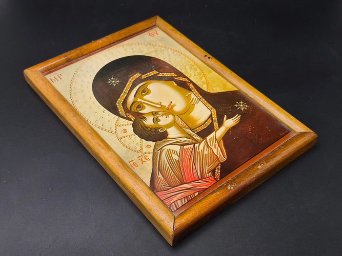 Vintage Greek Orthodox Icon Virgin Mary & Child Jesus Byzantine Style Framed