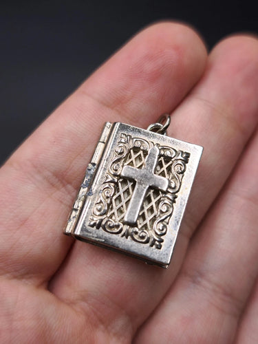 Vintage Greek Miniature Book Locket Pendant Religious Holy Bible Scripture Charm