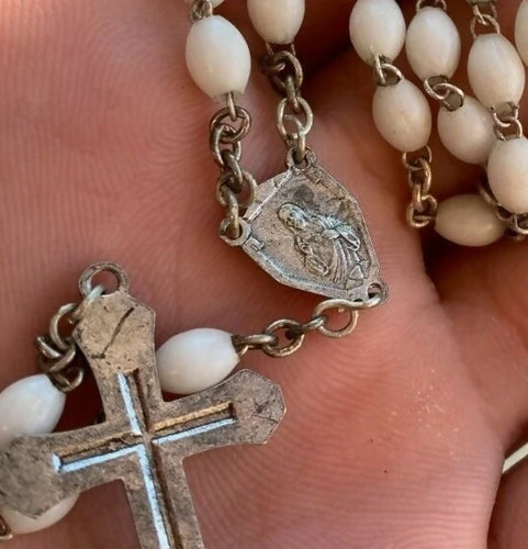 Vintage White Silver Rosary Mother-of-Pearl White Oblong Beads 1920s France †⭐
