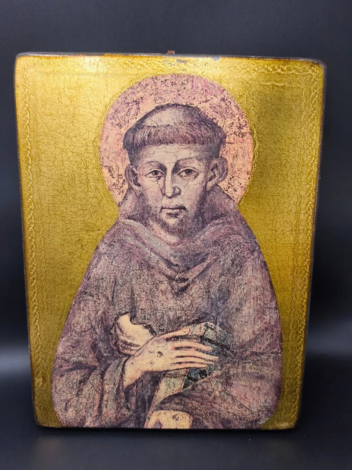 Vintage St Francis of Assisi Wood Icon Plaque Belgium Maison Spranghers 14"