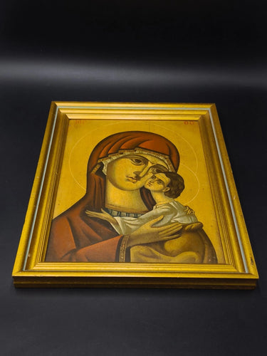 Rare Antique Greek Orthodox Icon | Virgin Mary Child Jesus | Framed Vintage Art