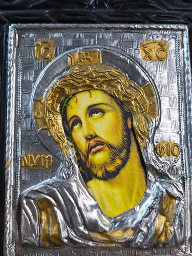 Vintage Greek Byzantine Holy Icon Jesus Christ Crown of Thorns Silver 925 & 24k Gold