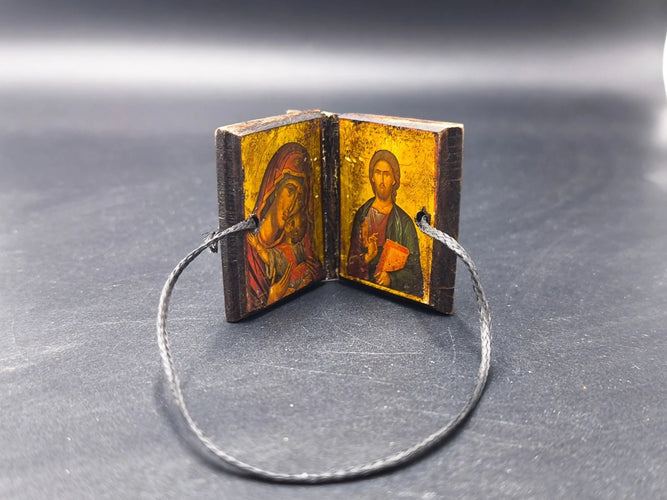 Antique Orthodox Traveling Diptych Icon Leather Jesus Christ Mary 18g