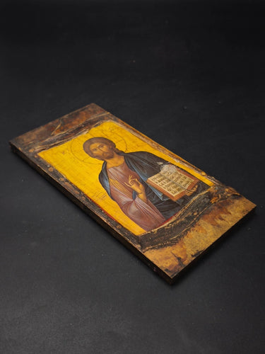 Vintage Greek Orthodox Wood Icon Jesus Christ Pantocrator Wall Plaque Art 8x4"