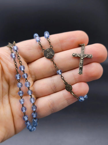 Vintage Blue Glass Rosary Beads Bronze Crucifix Catholic Religious Necklace