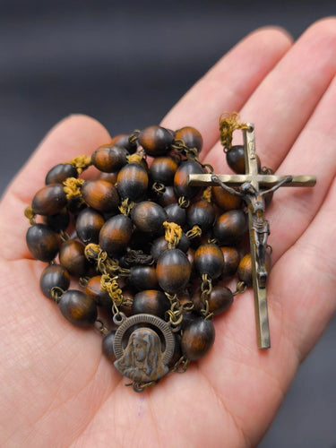 Vintage Italian Wood Rosary Crucifix Mary Sacred Heart Religious Necklace 26in