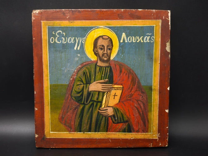 Antique 19th C. Greek Orthodox Icon Saint Luke Evangelist Hand Painted Wood