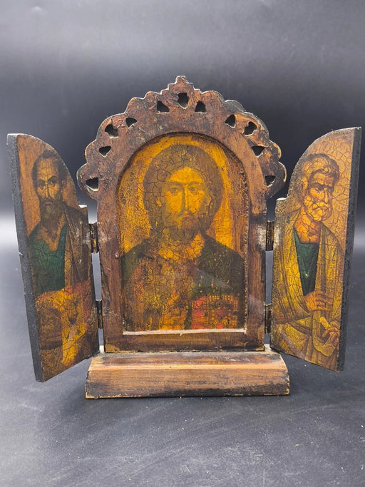 Antique Wooden Triptych Folding Icon Jesus Christ Apostles Orthodox Byzantine