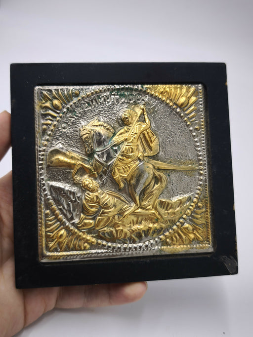 Vintage Greek Orthodox Icon Plaque - Saint Demetrios on Horseback - 24K Gold Plated & Silver Tone Metal Relief on Wooden Frame - Greece