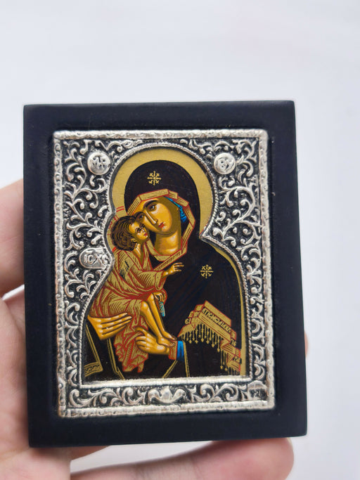 925 Sterling Silver Virgin Mary & Jesus Icon, Greek Byzantine Orthodox Iconography, Small Travel Wall Altar Art, Religious Christian Gift