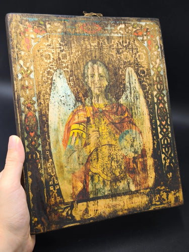 ANTIQUE 1904 ANGEL ICON HAND PAINTED WOOD PANEL ORTHODOX RELIGIOUS ART Michael