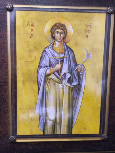 Vintage Greek Orthodox Icon Saint Tryphon Wood Plaque Athens Greece 12"