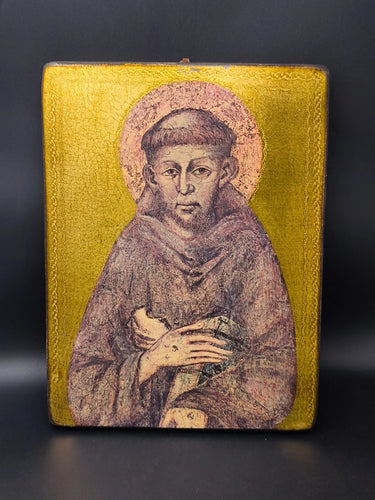 Vintage St Francis of Assisi Wood Icon Plaque Belgium Maison Spranghers 14"