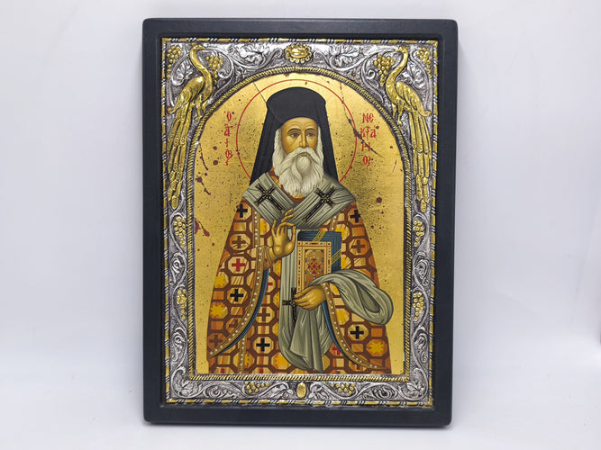 Saint Nectarios Orthodox Icon | Large Greek Byzantine Christian Art 950 Silver, Canvas & Wood Wall Plaque with Aegina Monastery Certificate