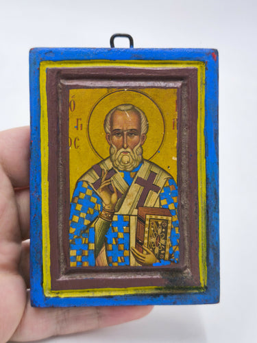 Vintage Saint Nicholas Wooden Handcrafted Icon Wall Plaque, Greek Orthodox Mini Icon, Christian Religious Art Gift, Wooden Blessing Icon
