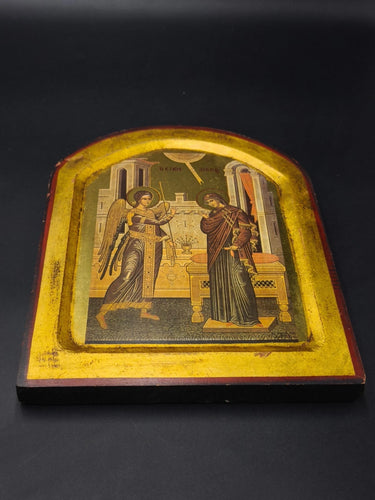 Vintage Greek Orthodox Icon Annunciation Virgin Mary Archangel Gabriel Wood Gold