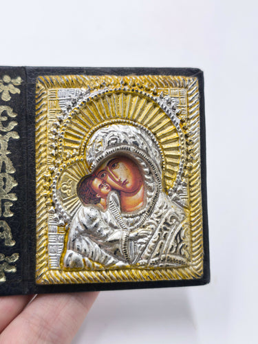 Vintage Greek Orthodox Pocket Diptych Icon Folding Leatherette Travel Icon Book | Virgin Mary Annunciation of Tinos Miniature Shrine