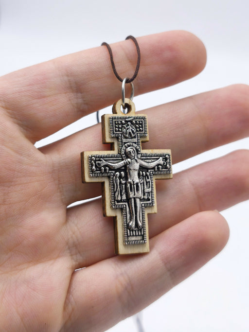 San Damiano Jerusalem Cross Pendant Olive Wood Metal Crucifix Necklace Holy Land