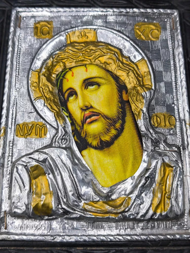 Vintage Greek Byzantine Holy Icon Jesus Christ Crown of Thorns Silver 925 & 24k Gold