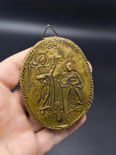 Antique Greek Orthodox Icon Plaque – Annunciation of Virgin Mary Tinos Wood Back