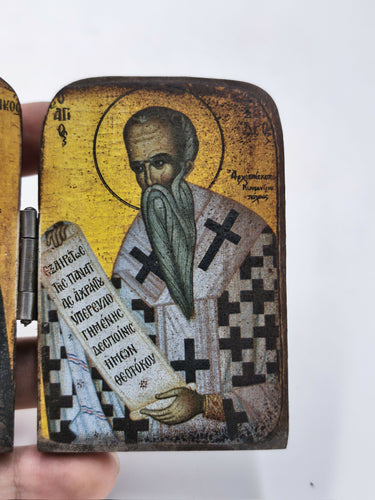 Vintage Handmade Wooden Diptych Icon – Saint Spyridon & Saint Kyriakos – Orthodox Christian Pocket Folding Travel Icon – Byzantine Religious Art