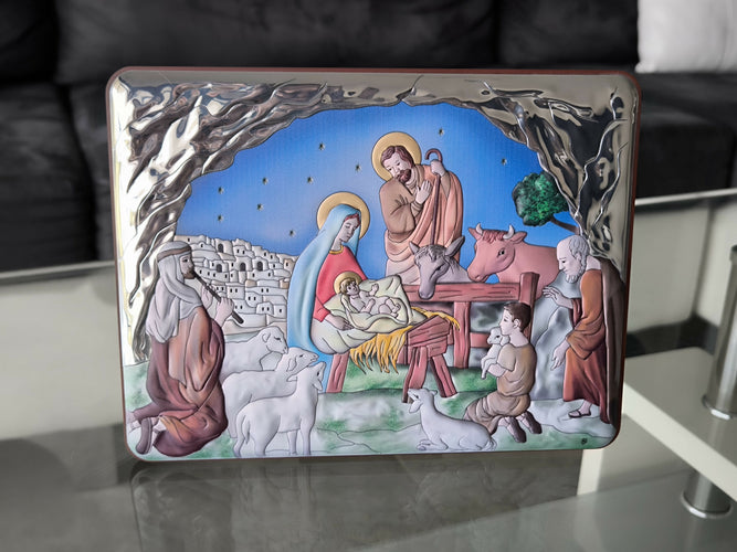 Christmas Nativity Icon 8.26" 950 Silver Italy Handicraft byzantine Christianity