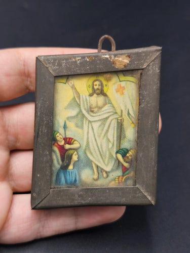 Antique Orthodox Icon Jesus Christ Resurrection Metal Frame Wood Back Miniature