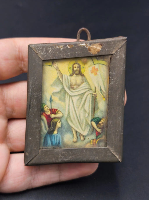 Antique Orthodox Icon Jesus Christ Resurrection Metal Frame Wood Back Miniature