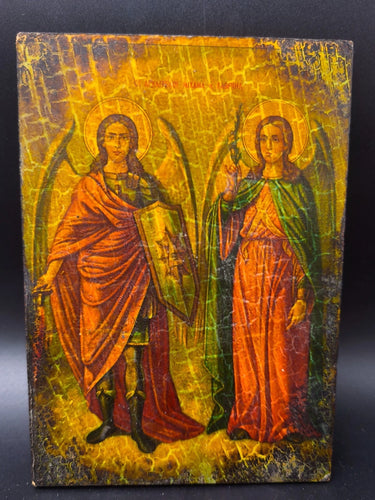Vintage 1990 Greek Orthodox Icon Archangels Michael & Gabriel Lithograph on Wood
