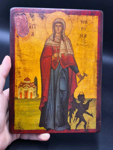 Handmade Vintage Greek Orthodox Wood Icon St Marina Margaret Museum Replica Distressed