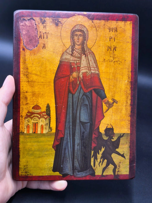 Handmade Vintage Greek Orthodox Wood Icon St Marina Margaret Museum Replica Distressed