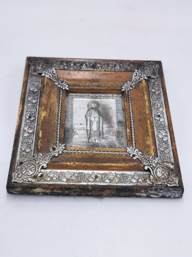 Vintage Silver Plated Saint Paraskevi Icon on Wooden Frame, Antique Greek Orthodox Wall Hanging Relief Art | 6.5x7.1 in