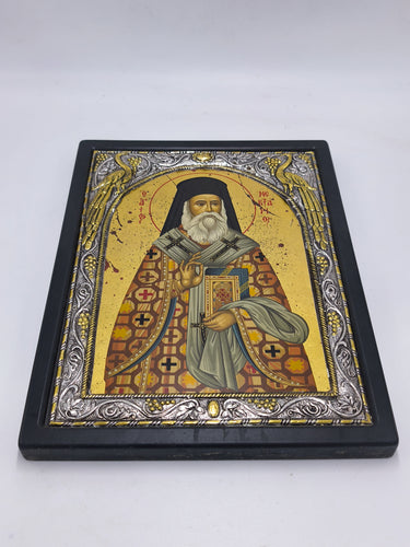 Saint Nectarios Orthodox Icon | Large Greek Byzantine Christian Art 950 Silver, Canvas & Wood Wall Plaque with Aegina Monastery Certificate