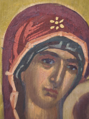 Vintage Hand Painted Orthodox Icon Virgin Mary & Child Jesus Wood Religious Art