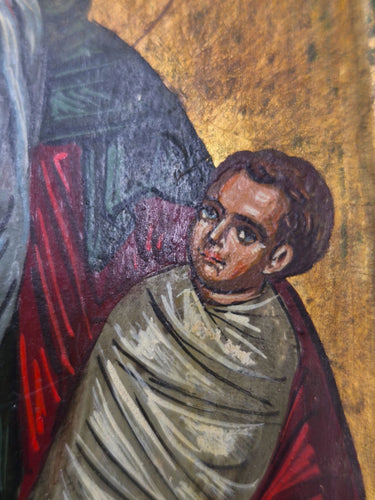Vintage Hand-Painted Saint Stylianos Greek Orthodox Icon Wood Patron of Children
