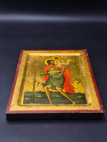 Vintage Saint Christopher Wood Icon Gold Leaf Greek Byzantine Orthodox